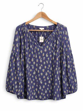 J Jill Top Womens Plus Size 2X Blue Floral Print Cotton Modal Blend Bohemian NWT